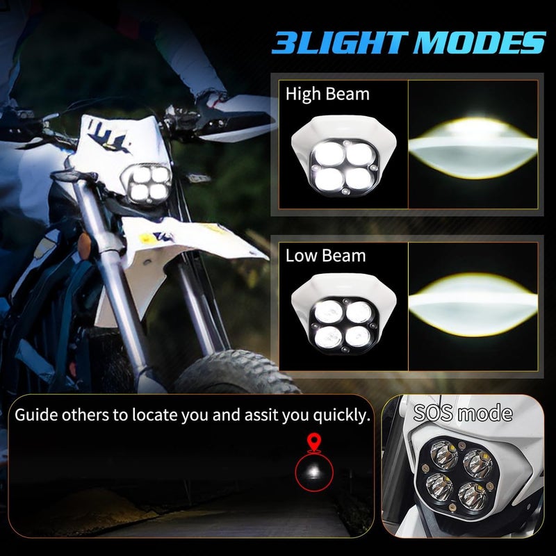 URLWALL Upgraded Headlight for Sur Ron Ultra Bee, Plug N Play LED Headlight Front Lamp Light With Mounting Bracket, Square Four Bulbs Headlamp & Assemblies for Sur ron, 3 Modes - Image 4